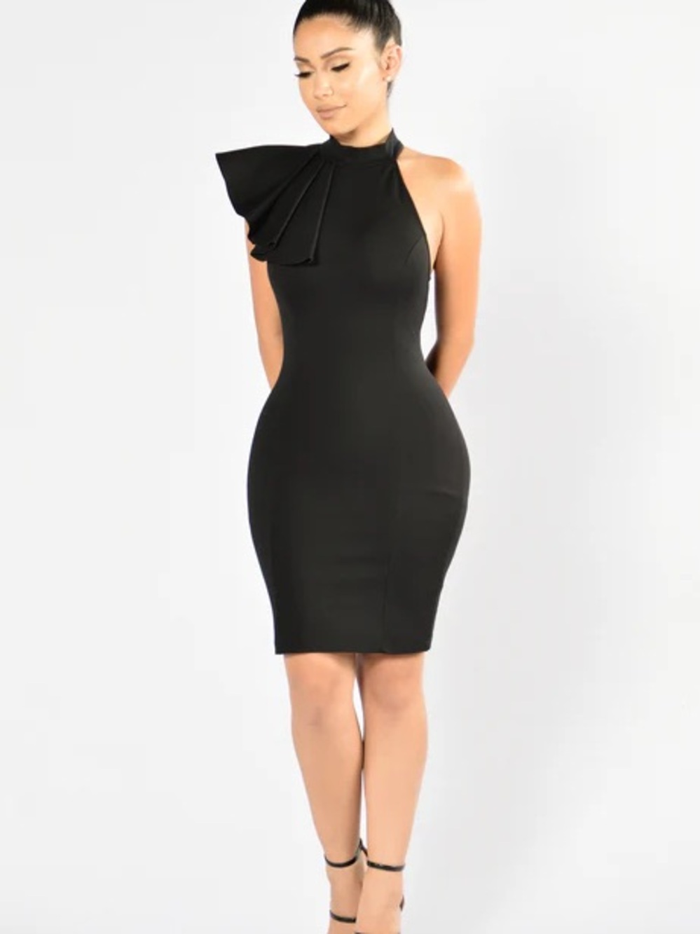 Fashion Nova Black Pleated Accent Bodycon Dress “Ruffle Butter”